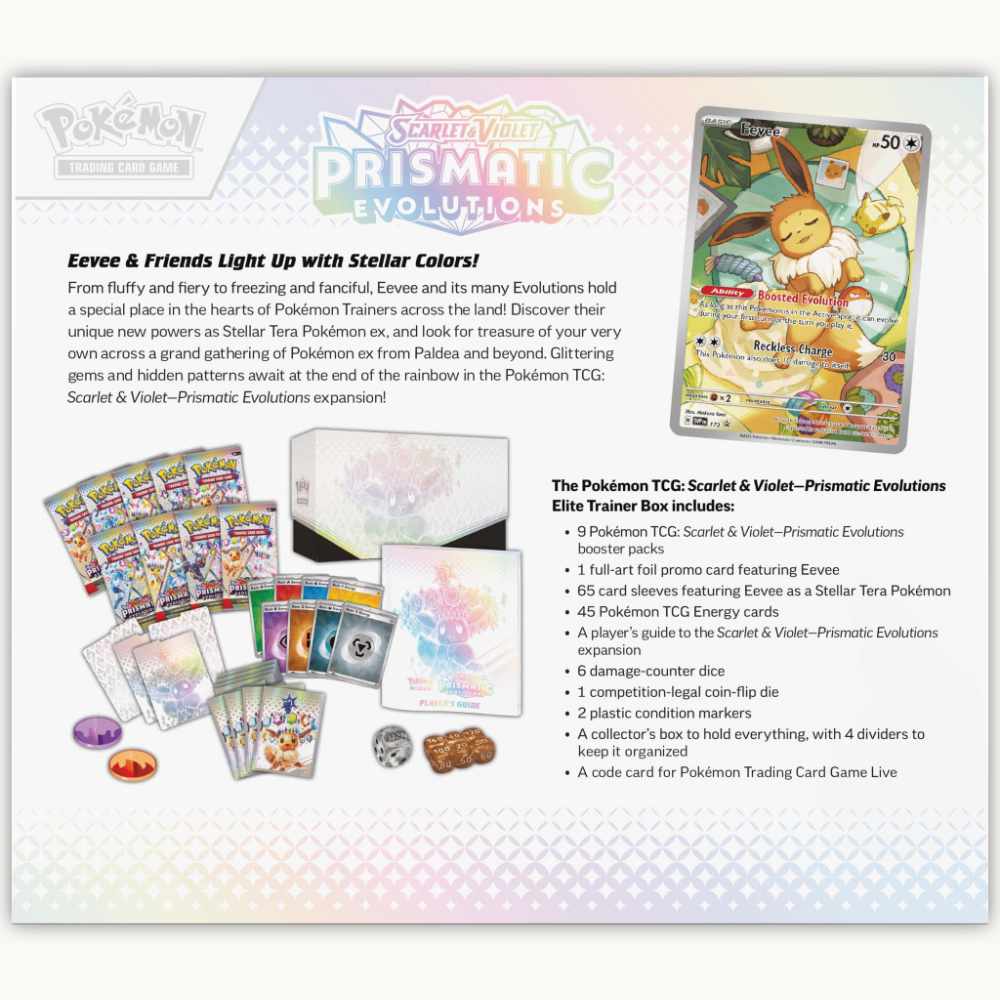 Pokémon scarlet & violet prismatic evolutions caja de entrenador
